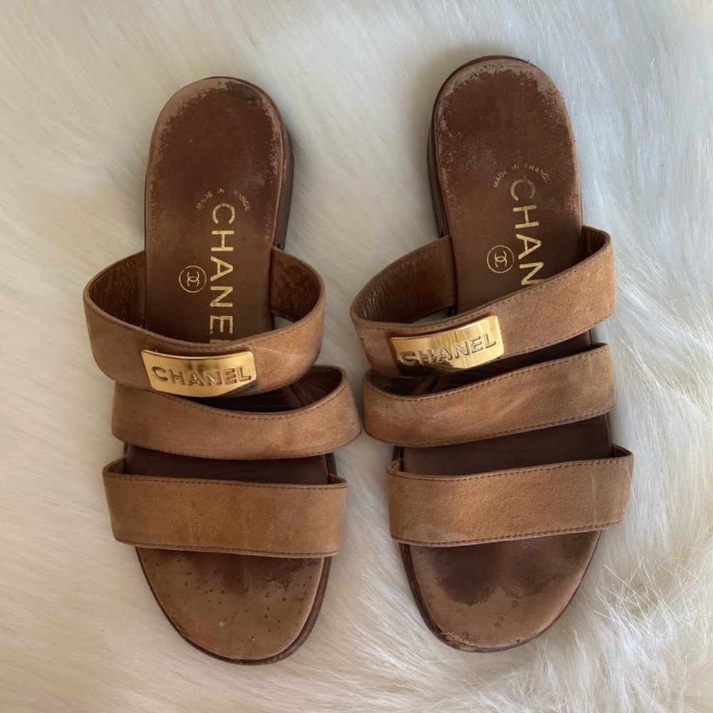 ISO: CHANEL Vintage Gold Logo Plate Suede Slide Sandals Size 35-36 *DO NOT BUY*